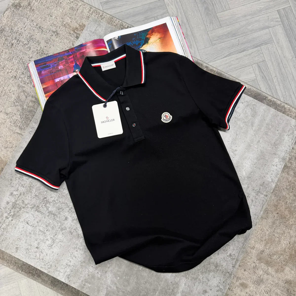 MNCLR STRIPE COLLAR POLO - BLACK