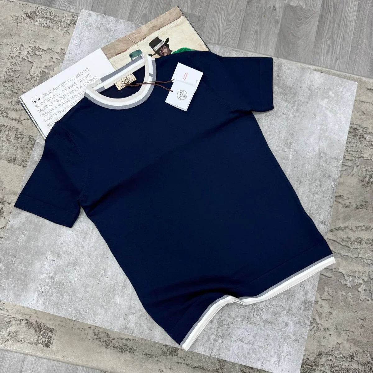 H STRIPPED TRIM T SHIRT - NAVY