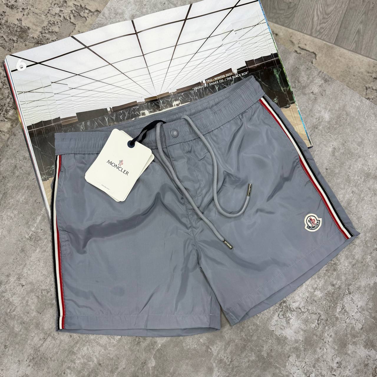 MNCLR STRIPED LOGO SWIM SHORTS - GREY