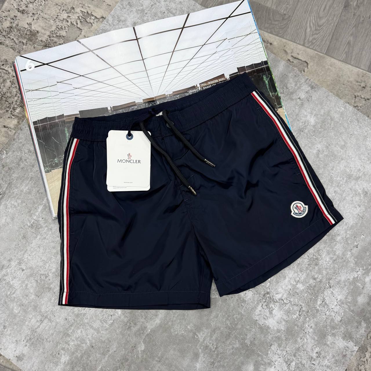 MNCLR STRIPED LOGO SWIM SHORTS - NAVY