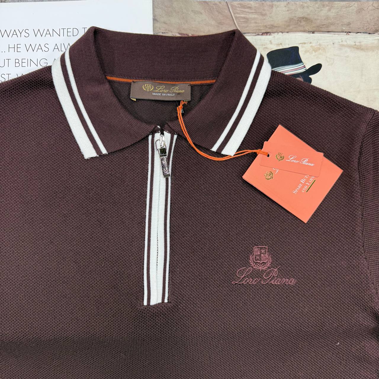 LORO KNIT QUARTER-ZIP POLO - BROWN