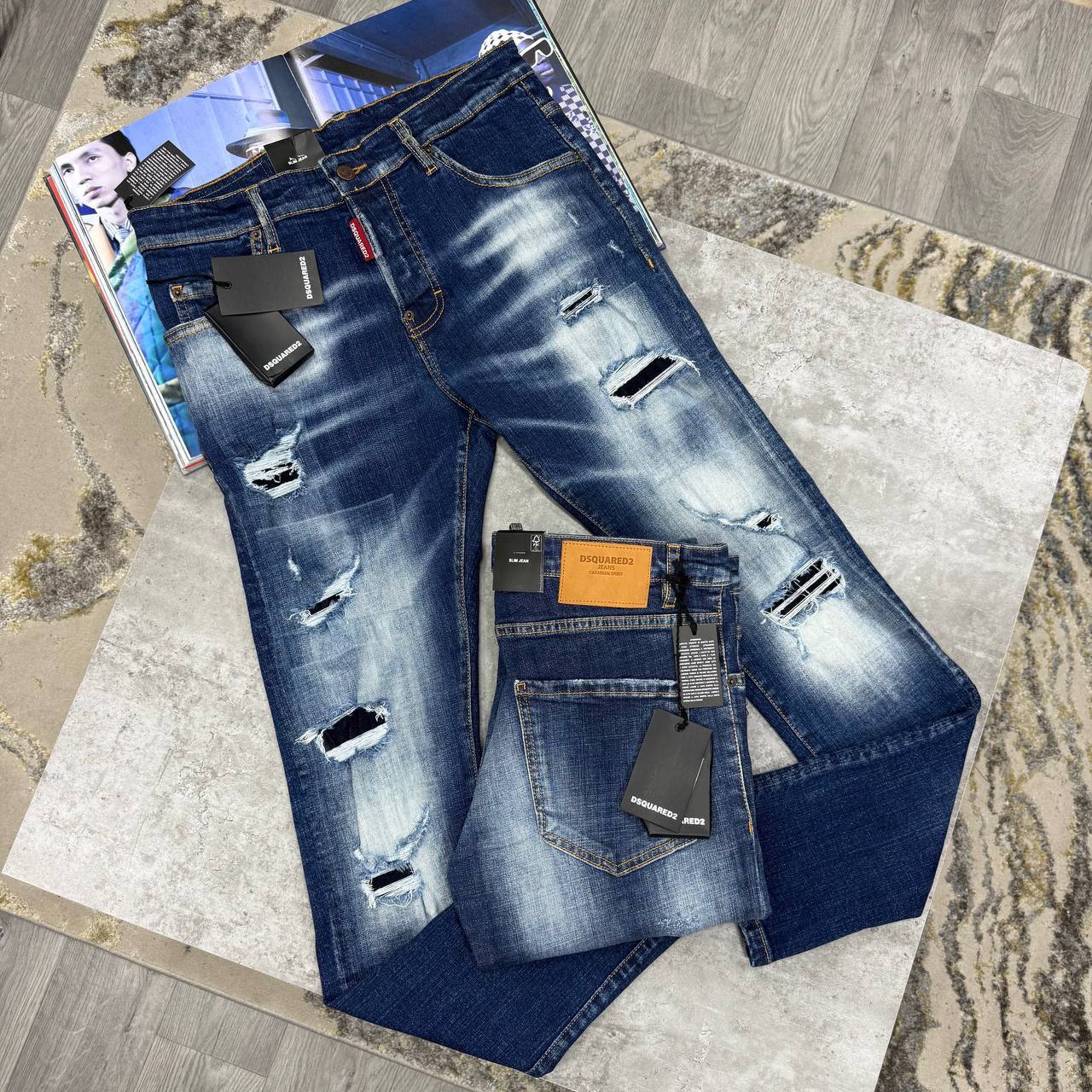DSQ DISTRESSED SLIM FIT DENIM JEANS - BLUE