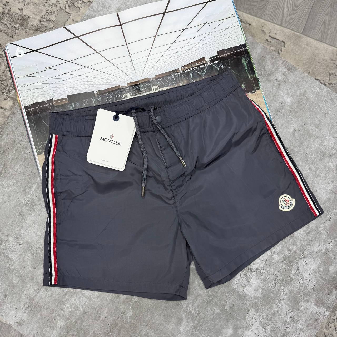 MNCLR STRIPED LOGO SWIM SHORTS - CHARCOAL
