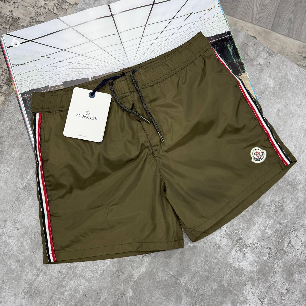 MNCLR STRIPED LOGO SWIM SHORTS - OLIVE