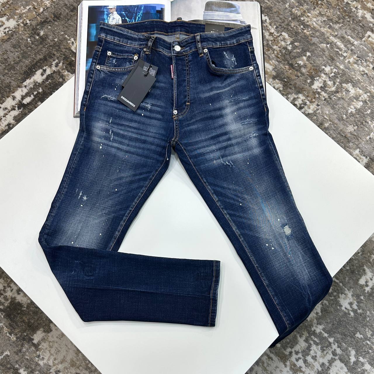 DSQ DISTRESSED DENIM JEANS - DARK BLUE