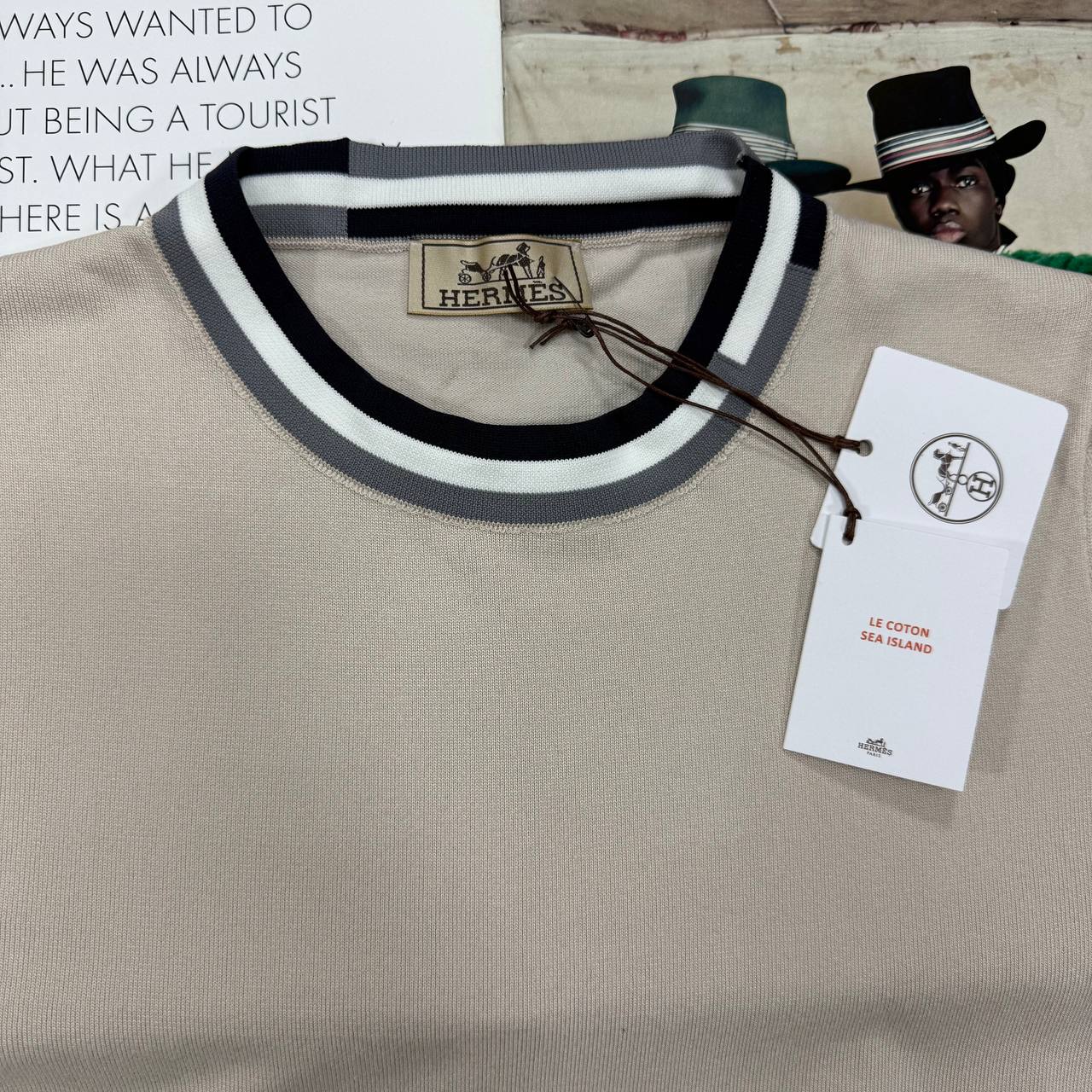 H STRIPPED TRIM TSHIRT - BEIGE